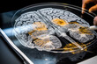 © gankevstock - tablet with MRI photo of the brain, hologram, Alzheimer's, brain diseases, Generative AI