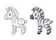 Line and color drawing of the image of a zebra. Children's coloring book. Illustration of cute animal character.
