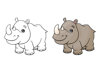 Wall Mural - Coloring page with the image of a cute rhinoceros. Children's color draw book and activity game. Educational creative task for kids.