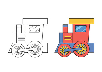 Wall Mural - Coloring page for book. Cartoon outline drawing of train. Education colouring template. Vector activity drawing worksheet with locomotive.