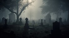 Spooky Graveyard With Fog And Eerie Lighting (ai Generate)