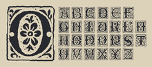 Medieval Alphabet. Grunge Gothic Initials. 16th Century Engraved Drop Caps. Blackletter Style Vintage Font.