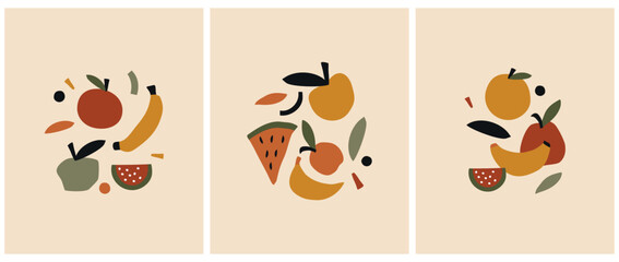 Wall Mural - cute infantile style fruits vector illustration. abstract hand drawn apple, banana, pear and melon i