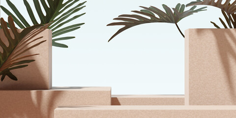 Wall Mural - Stand product display podium with tropical nature leaves on brown background. 3D rendering