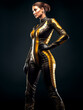 © www.freund-foto.de - Sexy Frau in schwarz gelb Motorrad Lederanzug in kurvenreiche Pose, ai generativ