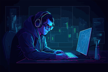 Leinwandbilder - Person working on laptop. A man is working at a laptop in a dark room with neon lights. Generative AI