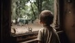 A poor child inside a destroyed house looking through a dirty window ai, ai generative, illustration