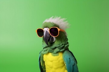 Cool Parrot Macaw with Sunglasses on Green Background Generative AI