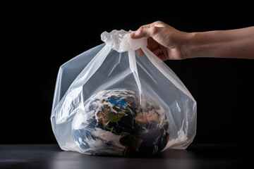 Wall Mural - A person putting earth in a plastic bag. global environment concept. Generative ai Generative AI