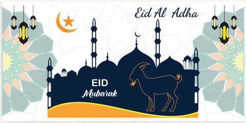 Wall Mural - illustration vector graphic of a mosque and goat in silhouette with a glowing lantern for eid al adh