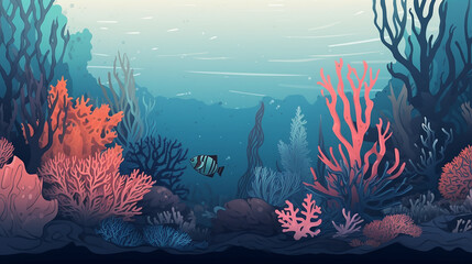 Underwater world, fish and corals, cartoon style, banner design. Generative AI