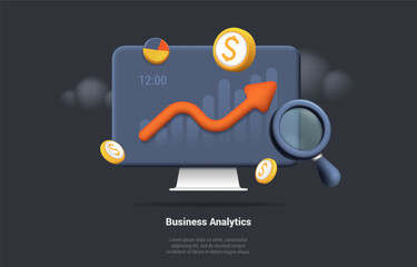 Business Analytics, Increase Chart With Indicators And Coin Avatar Icon. SEO Optimization For Marketing Social Media. Financial Report, Data Analysis, Web Development. 3d Vector Render Illustration