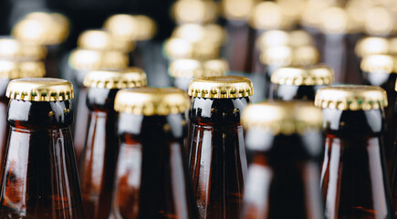 Wall Mural - Brewery plant production line, Glass bottles of beer on dark background