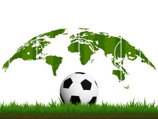 visual drawing of football beautiful on grass and double exposure soccer field and world with backgr
