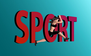 Advertising banner female athlete running and jumps over the letter Red 
