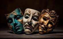 Three Theatrical Masks On A Wooden Stage. Generative AI
