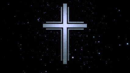 Wall Mural - Futuristic Christian cross in ethereal sparkling silver black cyberspace. Concept 3d illustration crucifix. Religious sign for grief and funeral in a modern interpretation of spirituality and faith