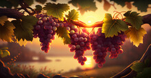 Vineyards At Sunset, Ripe Autumn Grapes - AI Generated Image