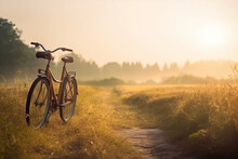Beautiful Landscape With Bicycle During Sunrise. Generative Ai
