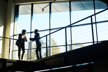 Aufkleber - Silhouettes of two young intercultural businessmen brainstorming and discussing working points at meeting by railings against large window