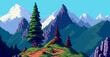 Landscape 8bit pixel art. Summer natural landscape mountain scenery arcade video game background