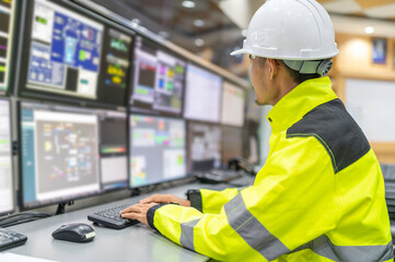 Engineer working at control room,Manager control system,Technician man monitoring program from a lot of monitor