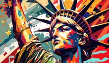 A Colorful Painting Of The Statue Of Liberty