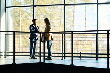 Aufkleber - Outlines of two elegant male brokers having discussion of working points at meeting while standing in front of railing against large window