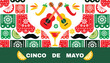 Happy Cinco de mayo template  poster with guitar, sombrero, pepper, tequila, firework, pattern  Translation from spanish - Cinco de Mayo - May 5 federal holiday in Mexico.Vector illustration