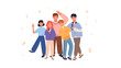 © vernStudio - Vector illustration of a company of joyful young people with microphones who perform together. The musical group sings at the event. An example of how music brings people together. Eurovision concept.