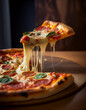 Delicious authentic pepperoni pizza with fresh basil and stretchy melting mozzarella cheese. Cut out levitating slice
