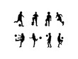 © vector - shop - kid playing soccer. vector illustration. vector set of football (soccer) kids in various poses. soccer kid players silhouette.