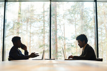 Poster - Side view of two intercultural male coworkers using mobile gadgets while one of them typing on laptop and his colleague talking on smartphone