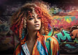 girl with multicolored curly hair in front of a graffiti wall. generative ai