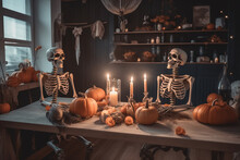 Two Skeletons Celebrate Halloween. Generative Ai