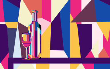 Wall Mural - Vector illustration colorful bright bottle of wine and a glass of wine or alcoholic drink.