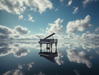 a piano on the mirror lake, a reflective cloudy sky, nature with design