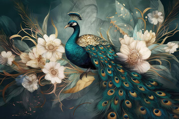 modern interior mural painting wall art decor abstraction wallpaper with white, dark green and golde