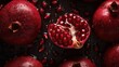 Generative AI, Macro Fresh Juicy half and whole of pomegranate fruit background as pattern. Closeup photo with drops of water