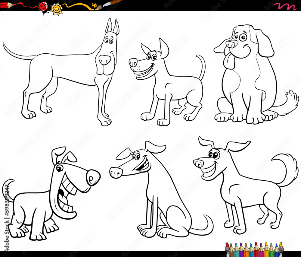 cartoon dogs animal characters set coloring page Stock Vector | Adobe Stock