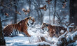 two tigers in the snow while a birds flies away, generative ai