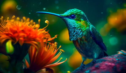 a green and blue hummer bird feeding on a flower,