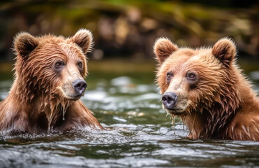 Wall Mural - brown bears looking for eating salmon in the river, generative ai
