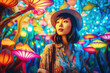 © Trinette Reed - Asian woman having psychedelic trip on magic mushrooms. Generative AI