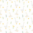 Beautiful children's seamless pattern with cute hand drawn watercolor goose bird. Stock illustration.