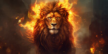 King Lion With Golden Crown. The Majestic King Of Beasts With Luxuriant Flaming, Blazing Mane. Head Of Leo. Regal And Powerful. Wild Animal. Fire Background. 3d Digital Painting