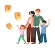 © sabelskaya - Family watching for launched glowing lanterns flat vector illustration isolated.