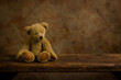 Adorable stuffed bear on wooden shelf