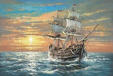 Old Ship In The Ocean.  An Old Sailing Galleon Floats In The Ocean, Sunset, Sails, Waves. Pirate Ship, Frigate. A Work Of Art, Oil Painting, Handmade.