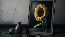 A Sunflower In A Frame Looks At An Emplty Vase, Generative Ai Illustration